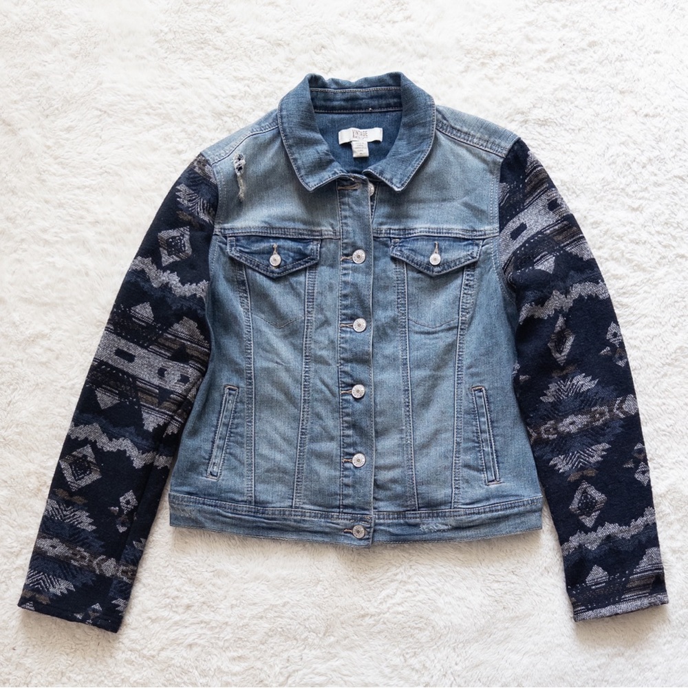 Denim Patchwork Jacket With Patterned Sleeves - image 7